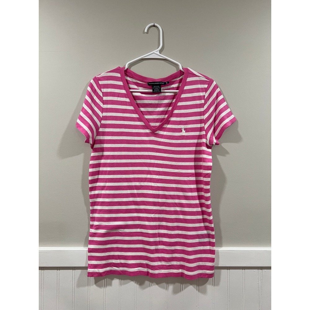 Lauren Ralph Sport V-Neck T-Shirt Stripes Casual Preppy Pink White Women Sz XL